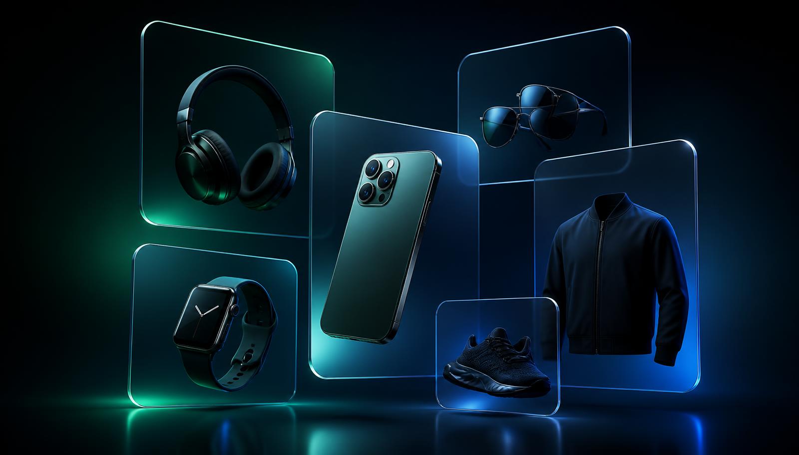 Premium electronics and fashion products floating on glass panels