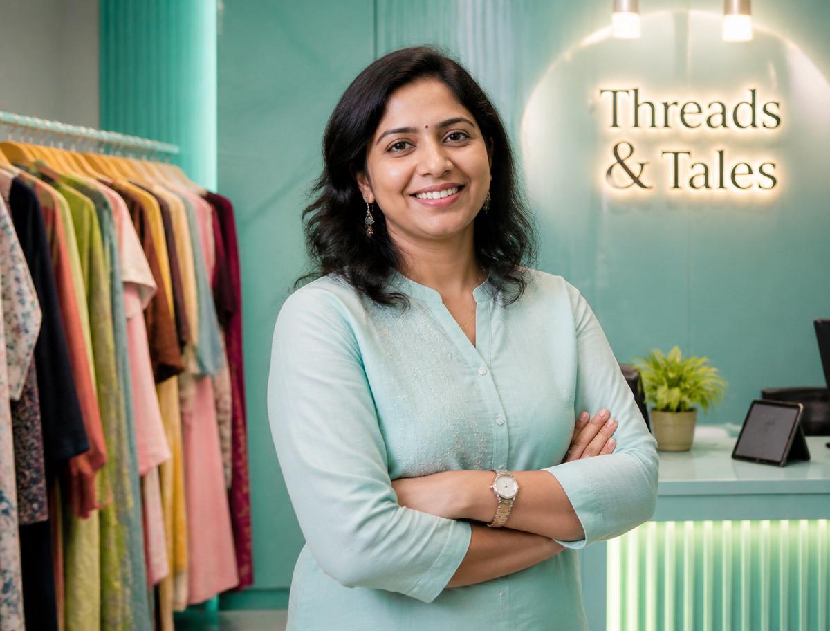 Local Telangana boutique owner standing in her store